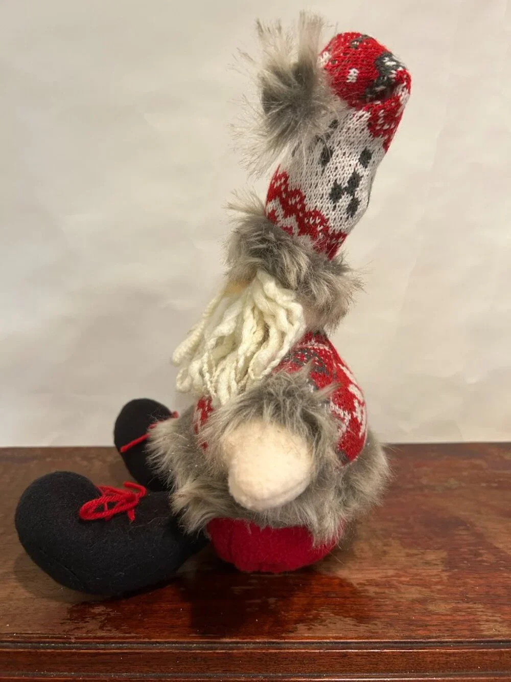 Christmas Holiday Gnome with knit cap and sweater, faux fur trim and yarn beard